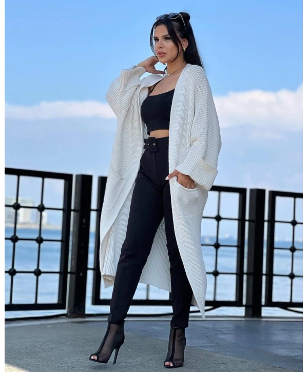 Yarasa kol uzun triko hırka beyaz