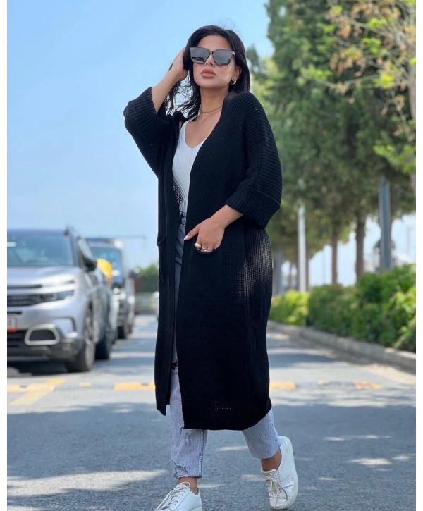 Yarasa kol uzun triko hırka siyah