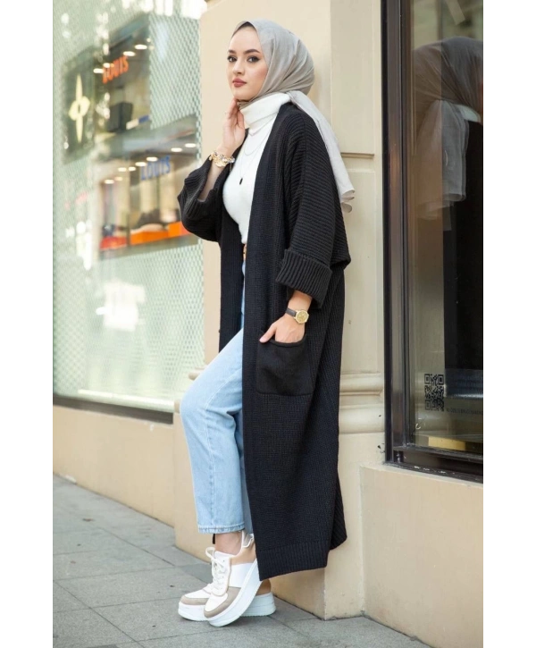 Yarasa kol uzun triko hırka siyah