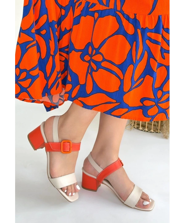 Year Bej Cilt Turuncu Detaylı Turuncu Topuklu Topuklu Ayakkabı