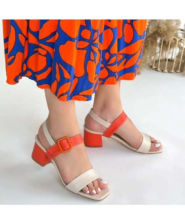 Year Bej Cilt Turuncu Detaylı Turuncu Topuklu Topuklu Ayakkabı