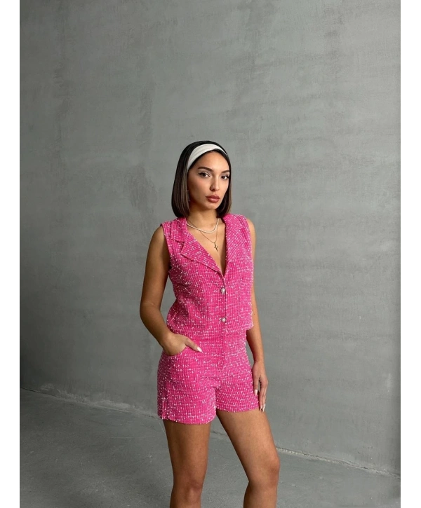 Yelekli şort takım pembe