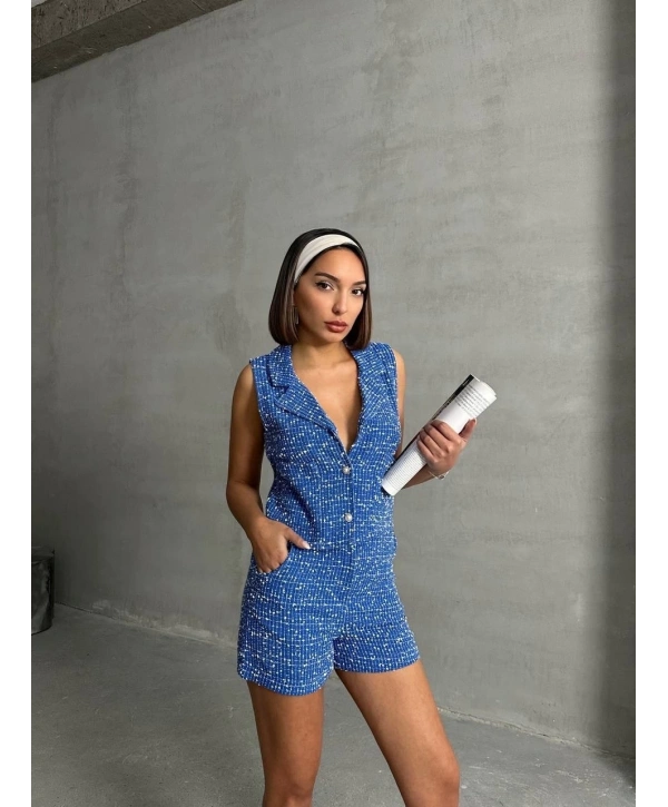 Yelekli şort takım saks