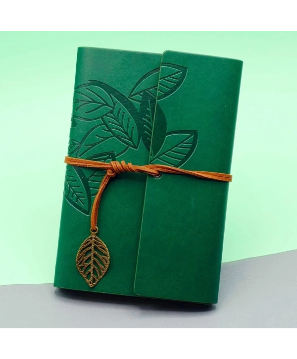 Yeşil Deri Kapaklı Yaprak Desenli Defter