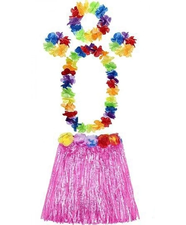 Yetişkin Ve Çocuk Uyumlu Luau Aloha Hawaii Pembe Etek Ve Renkli Kolye Taç 2 Adet Bileklik Seti