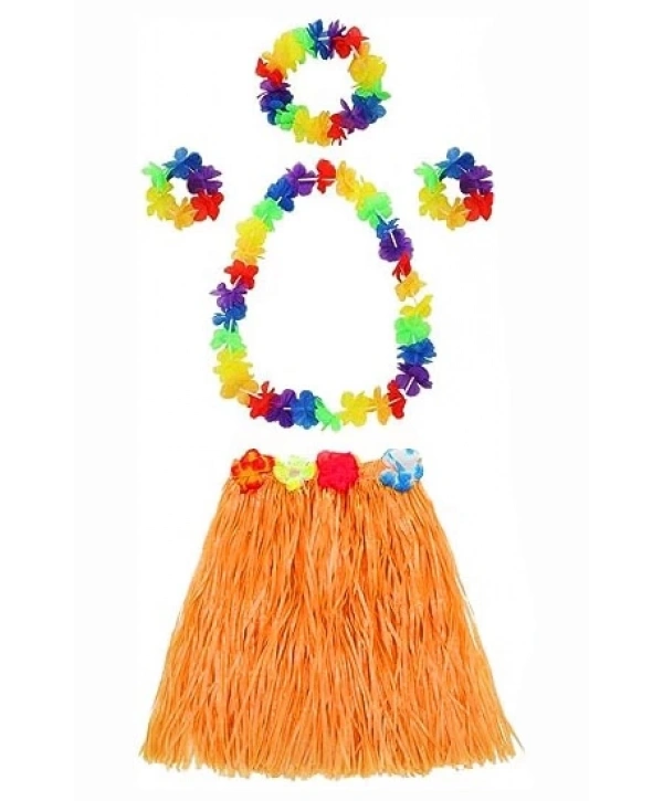 Yetişkin Ve Çocuk Uyumlu Luau Aloha Hawaii Turuncu Etek Ve Renkli Kolye Taç 2 Adet Bileklik Seti