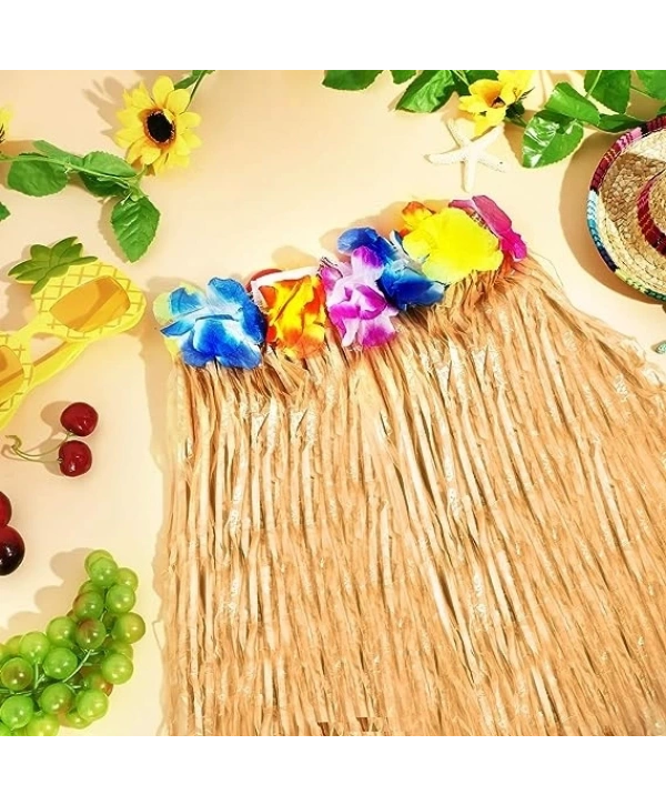 Yetişkin Ve Çocuk Uyumlu Saman Renk Hawaii Luau Hula Etek 40 Cm 12 Adet