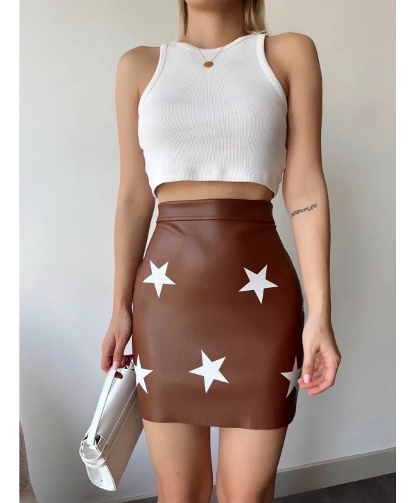 Yıldız baskılı deri etek kahve