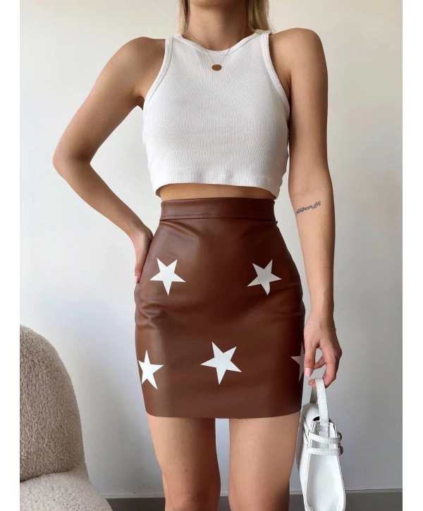 Yıldız baskılı deri etek kahve