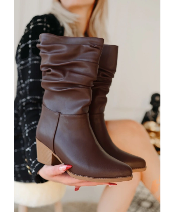 Yior Kahverengi Cilt Topuklu Bot