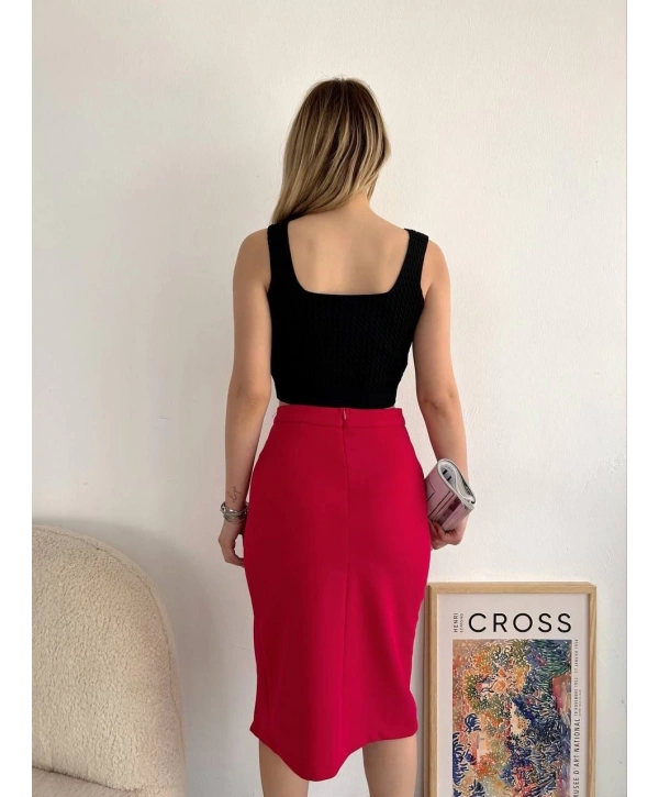 Yırtmaçlı esnek kumaş midi boy etek koyu kırmızı