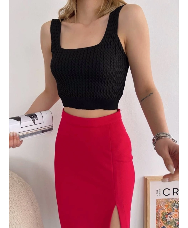 Yırtmaçlı esnek kumaş midi boy etek koyu kırmızı