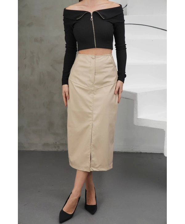 Yırtmaçlı uzun deri etek bej