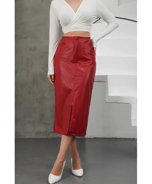 Yırtmaçlı uzun deri etek bordo