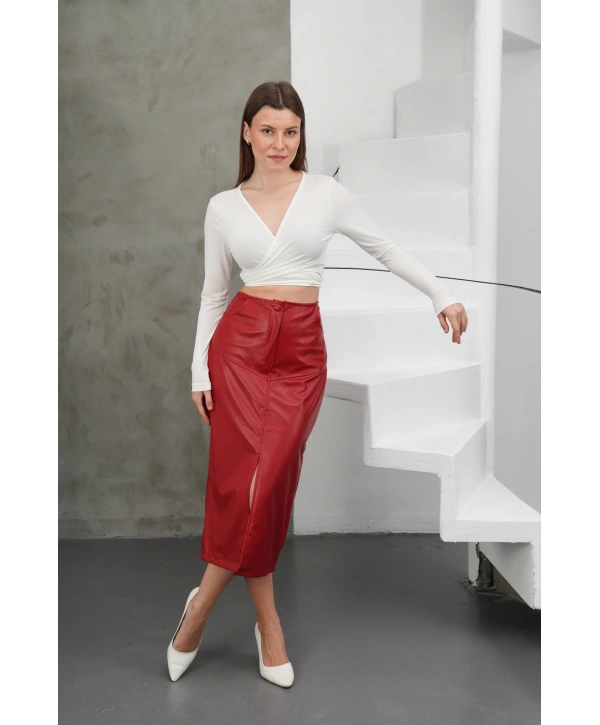 Yırtmaçlı uzun deri etek bordo