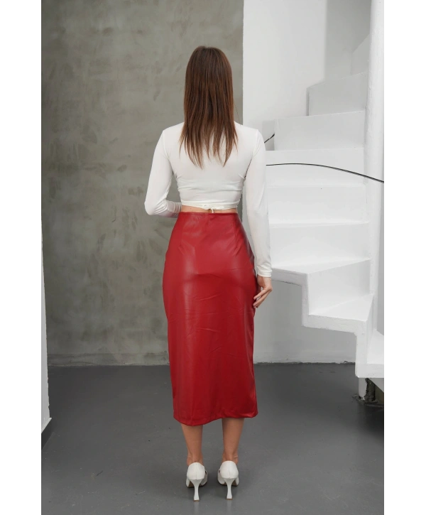 Yırtmaçlı uzun deri etek bordo