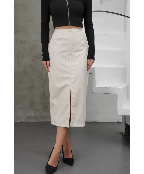 Yırtmaçlı uzun deri etek krem