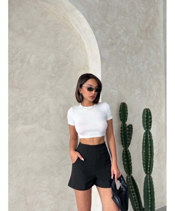 Yüksek bel parçalı double kumaş şort s25312