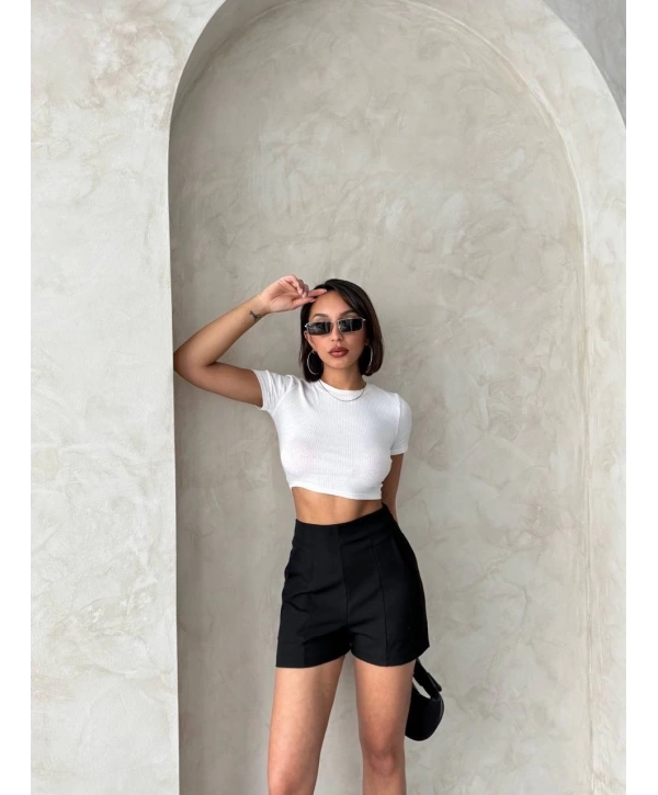 Yüksek bel parçalı double kumaş şort s25312