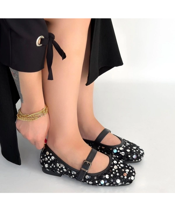 Zaty Siyah Süet Gümüş Pullu Babet Ayakkabı