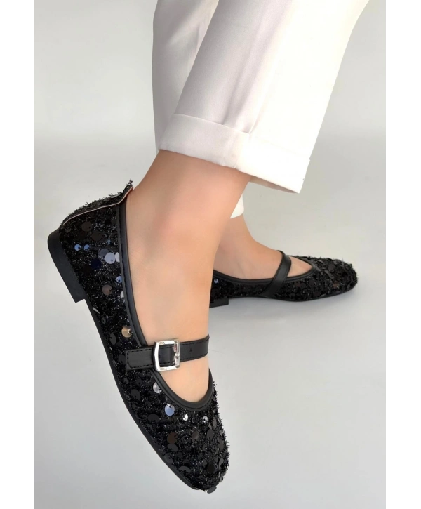 Zaty Siyah Süet Siyah Pullu Babet Ayakkabı