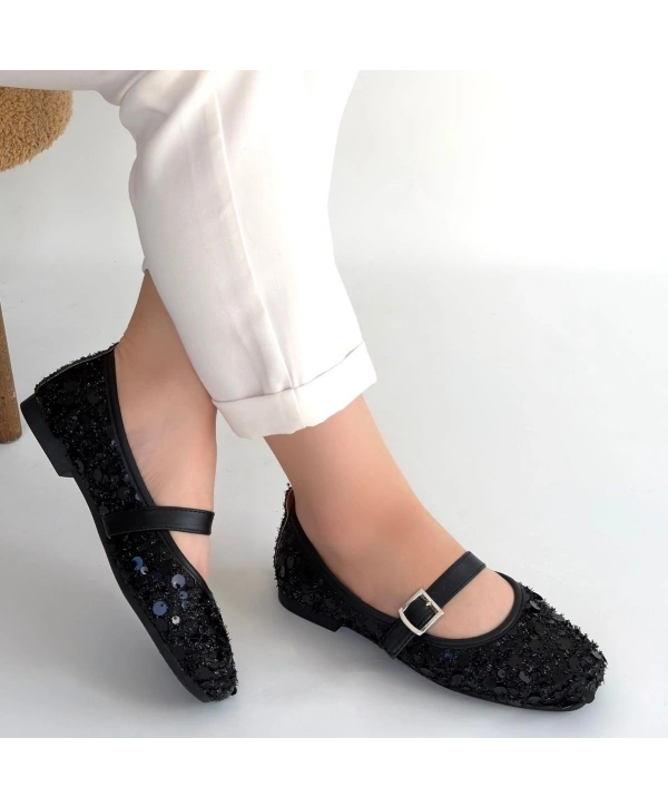 Zaty Siyah Süet Siyah Pullu Babet Ayakkabı