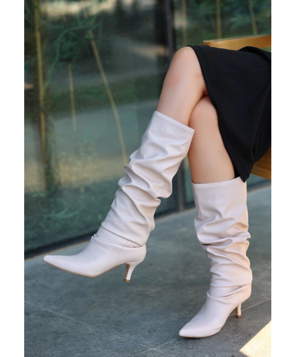 Zelya Bej Cilt Topuklu Çizme