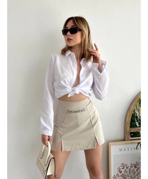 Zincir detaylı çizgili şort etek