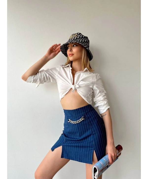 Zincir detaylı çizgili şort etek