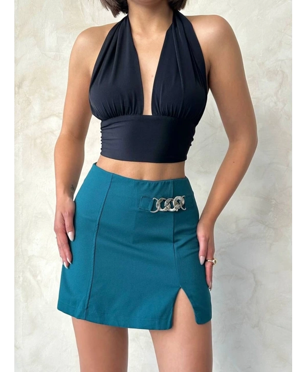 Zincirli şort etek petrol yeşili s24676