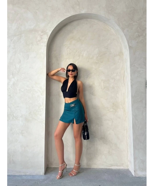 Zincirli şort etek petrol yeşili s24676