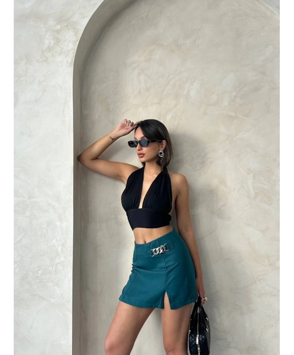 Zincirli şort etek petrol yeşili s24676