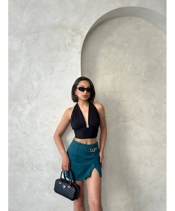 Zincirli şort etek petrol yeşili s24676