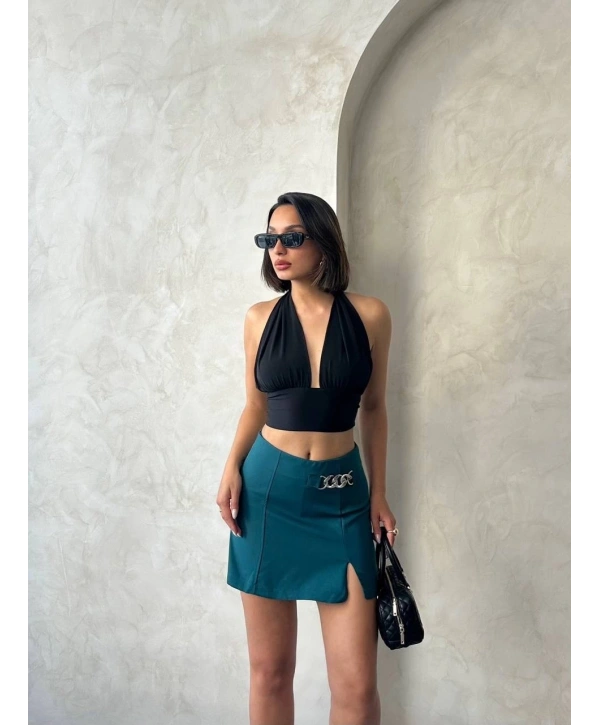 Zincirli şort etek petrol yeşili s24676