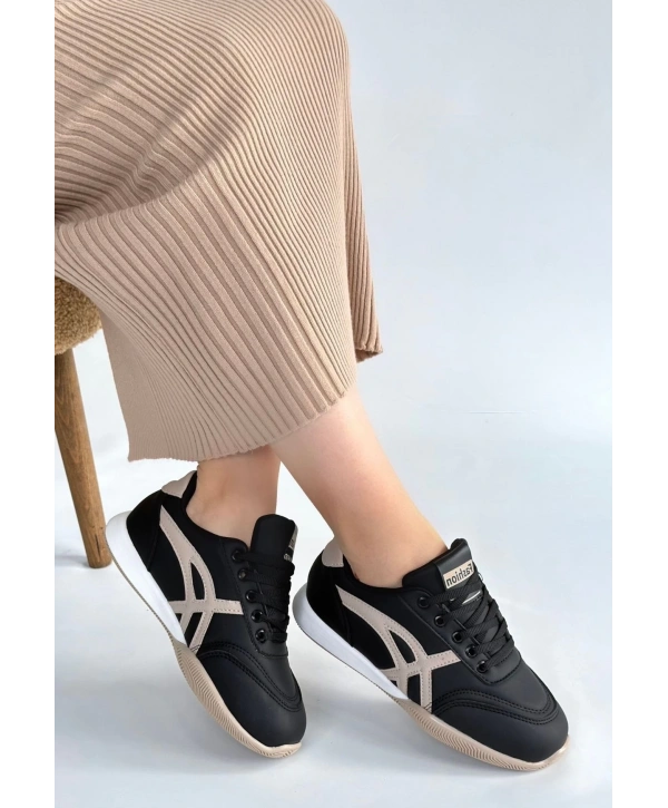 Zlay Siyah Cilt Bej Detaylı Bağcıklı Spor Ayakkabı