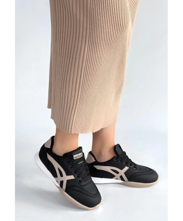 Zlay Siyah Cilt Bej Detaylı Bağcıklı Spor Ayakkabı