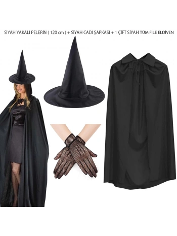 120 Cm Siyah Yakalı Cadı Pelerini Cadı Şapkası Ve 1 Çift Siyah Kısa File Tüm Eldiven Seti 3 Parça