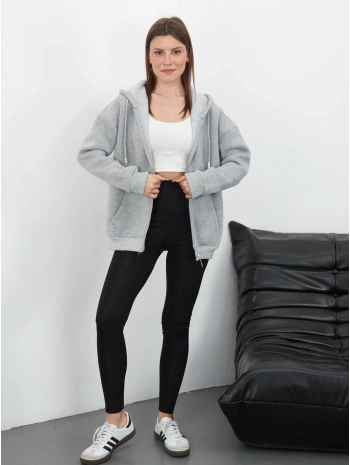 3 iplik şardonlu fermuarlı kapşonlu hırka gri