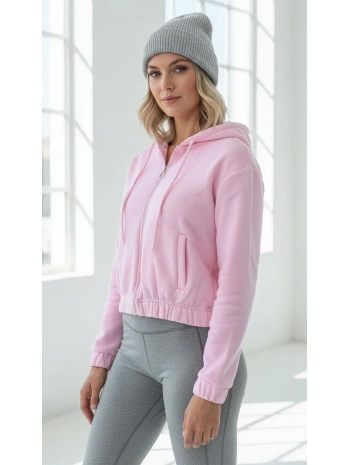 3 iplik şardonlu Kapşonlu fermuarlı kısa üst pembe pat8590