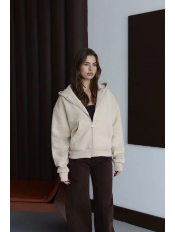 3 iplik şardonlu kapşonlu hoodie frm bej p510437