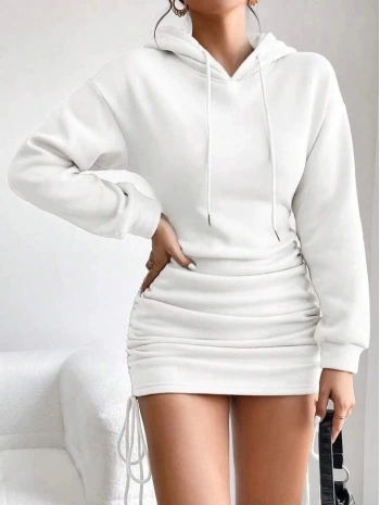 3 iplik şardonlu kapşonlu elbise beyaz
