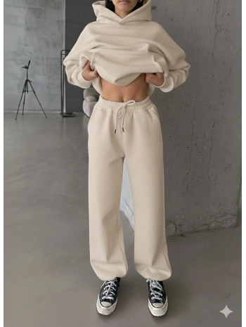 3 iplik şardonlu Lastik paça eşofman bej p510439