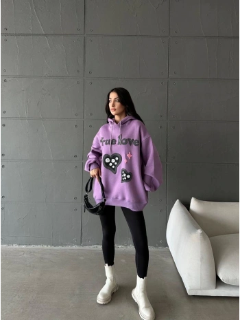 3 iplik şardonlu oversize true baskılı sweat mor