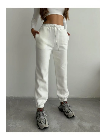 3 iplik şardonlu paça lastikli eşofman beyaz is001