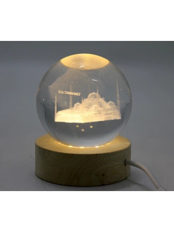 3d Kristal Cam Küre Ahşap Soketli İstanbul Temalı Led Lamba Aalk2574