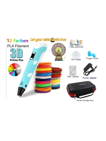 3d Pen Üç Boyutlu Yazıcı Kalem Printer (12 Adet 3 Metre Filament -36 Metre Led Ekranlı Adatörlü