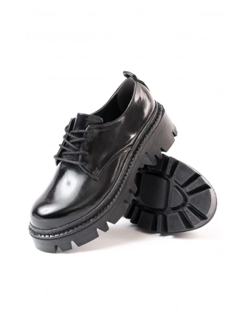 868-754 Siyah Rugan Bağcıklı Günlük Yüksek Tabanlı Loafer Ayakkabı