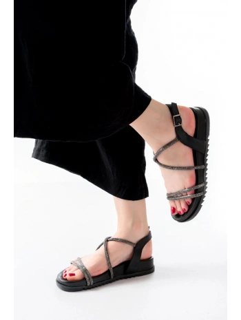 1001-1105 Siyah Platin Taşlı Günlük Kadın Sandalet