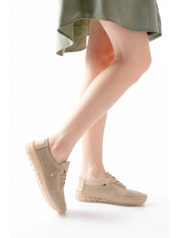 S-365  Bej Desenli Hakiki Deri Şeffaf Taban Kadın Spor Ayakkabı