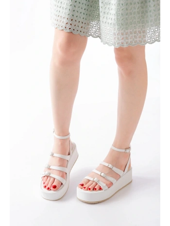 861-1222 Beyaz Tokalı Bilekten Bağlamalı Dolgu Kadın Sandalet